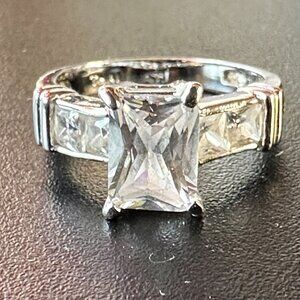 Emerald Cut Cubic Zirconia Silver Plated Engagement Ring Size 6 Marked Thailand